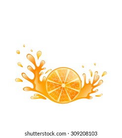 Illustration Slice of Orange with Splashing, Isolated on White Background - Vector