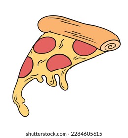 Illustration of a slice of pepperoni pizza on a thin crust with glass cheese on the edge