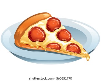 Illustration of a slice of pepperoni pizza on a plate.