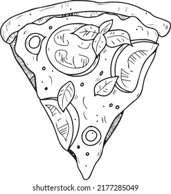 Illustration of a slice of pizza with vegetables. Delicious pizza with melted cheese.