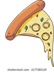 Ilustración de una rebanada de pizza con verduras. Deliciosa pizza con queso fundido.
