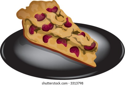 Illustration of a slice of plum cake on a black plate