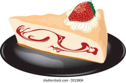 Illustration of a slice of strawberry cheesecake on a black plate.