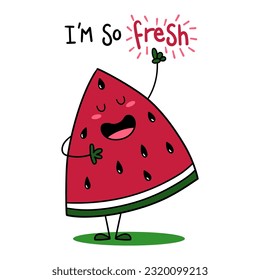 Ilustración de una tajada de sandía muy fresca, sonriendo y señalando la frase que soy muy genial, diseño para camiseta