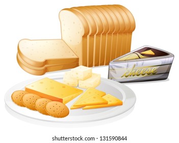 Illustration of the sliced bread with cheese and biscuits on a white background