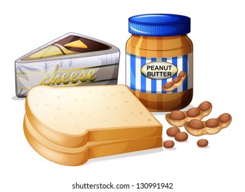 Illustration of the sliced bread with cheese and butter on a white background