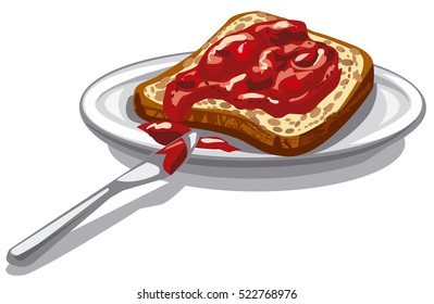 illustration of sliced bread with jam on plate