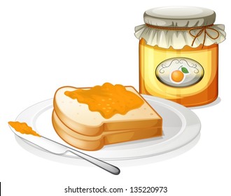 Illustration of a sliced bread with an orange jam on a white background