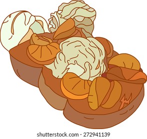 Illustration of a sliced bread with an Orange jam and Vanilla ice-cream