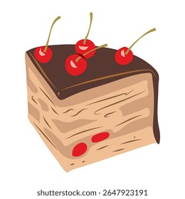 Illustration of a sliced layered cake with chocolate frosting and cherries on a transparent background; a sweet treat perfect for baking and dessert themes.
