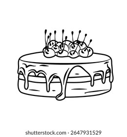 Illustration of a sliced layered cake with chocolate frosting and cherries on a transparent background; a sweet treat perfect for baking and dessert themes.
