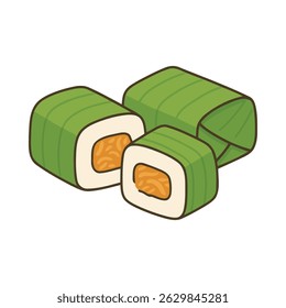 Illustration of sliced lemper, an Indonesian traditional snack made from sticky rice filled with seasoned shredded chicken and wrapped in banana leaf.