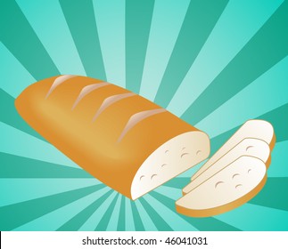 Illustration of a sliced loaf of bread on radial burst background