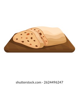 Ilustración de una rebanada de pan descansando sobre una tabla de cortar, perfecto para temas de panadería