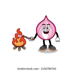 Illustration of sliced onion burning a marshmallow , character design