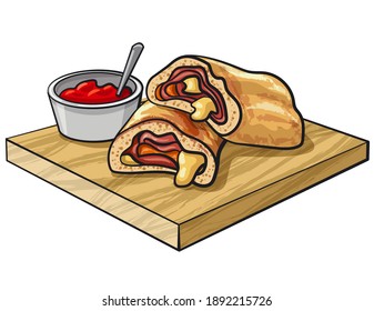 Illustration von geschnittener Pizza stromboli mit Tomatensauce