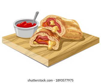 Illustration von geschnittener Pizza stromboli mit Tomatensauce auf Holzbrett