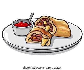 Illustration von geschnittener Pizza stromboli mit Tomatensauce auf einem Teller