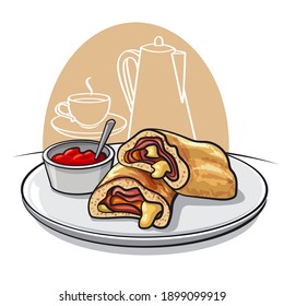 Illustration von geschnittener Pizza stromboli mit Tomatensauce auf einem Teller