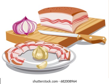 illustration of sliced pork lard on wooden board with onion and garlic