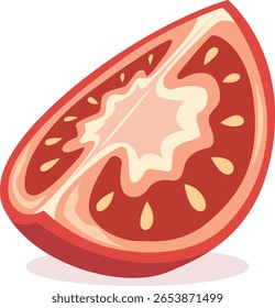 Ilustração de um tomate vermelho maduro fatiado, mostrando a carne interna, sementes e pele externa.