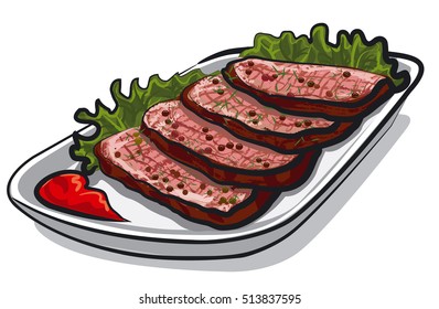 illustration of sliced roast beef with tomato sauce and lettuce