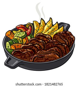 illustration of sliced roasted meat with vegetables in the pan