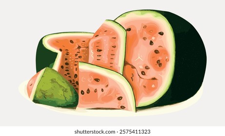 Illustration of sliced watermelon with vibrant pink flesh and black seeds. Watermelon slices arranged artistically. Fresh watermelon on display. Vintage art drawing, isolated vector element.