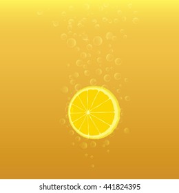 illustration of slices of lemon with bubbles on yellow-orange background