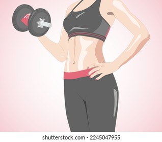 illustration. Slim, bodybuilder girl, lifts heavy dumbbell standing in front of the mirror while training in the gym. Sports concept, fat burning and a healthy lifestyle.