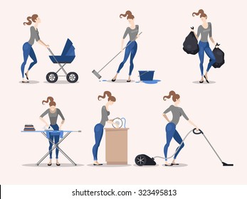 Illustration of slim girl doing various housework chores