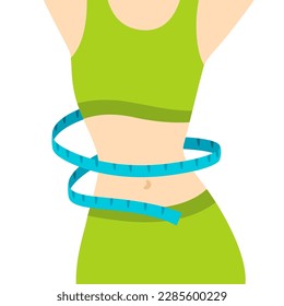 Illustration of slim woman with measure tape. Sports girl in fitness clothes.