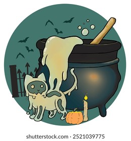 Illustration of a slime cat emerging from a witch's cauldron to sneak out on Halloween night in the fall.