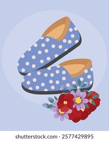  Illustration with Slipper Fluffy and Polka-Dot Prints, Flowers