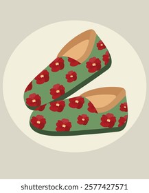 Illustration with Slipper Fluffy and Red Flowers Pattern