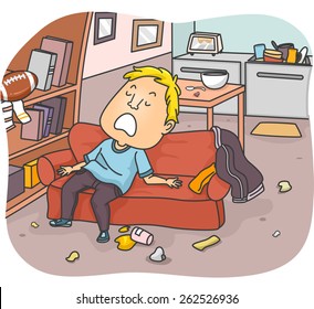 Illustration of a Sloppy Man Sleeping on a Sofa Surrounded with Trash