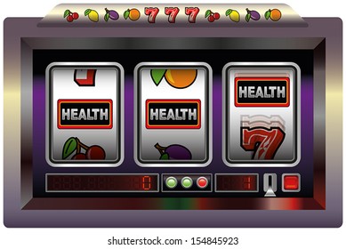 Illustration of a slot machine with three reels, slot machine symbols and the lettering HEALTH. Isolated vector on white background.