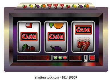 Illustration of a slot machine with three reels, slot machine symbols and the lettering CASH.