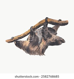 Illustration of a sloth hanging from a branch. The sloth is depicted in a realistic style, showcasing its fur and claws. The branch supports the sloth's weight. Vintage animal illustration vector.