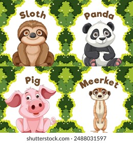 Illustration of sloth, panda, pig, and meerkat