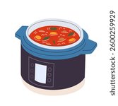 Illustration of a slow cooker with soup. A small kitchen appliance.