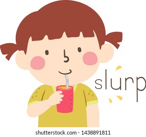 Illustration of Slurp Sound and a Kid Drinking Juice Using a Stainless Bent Straw. Learning Onomatopoeia