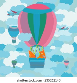 Illustration with a sly fox in a balloon. Vector image.