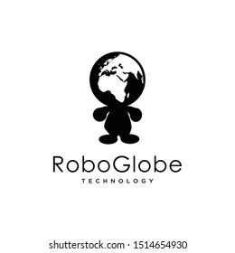 Illustration of a small abstract robot with the head of a globe logo design.