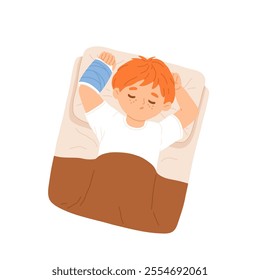 Illustration of a small adorable boy sleeping in bed. Ginger Baby boy with arm cast on fractured hand. Redhead toddler with freckles sleeping under a blanket.