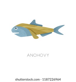 Illustration of small anchovy. Sea fish. Marine creature. Ocean life theme. Flat vector icon with texture
