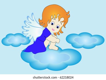 illustration small angel sits on cloud in sky