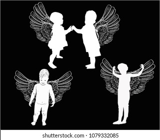 illustration with small angels isolated on black background