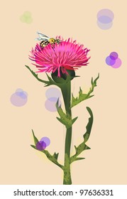 illustration with small bee on pink wild flower