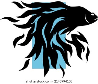 Illustration of a small beta fish with a big and long tail, black and light blue.